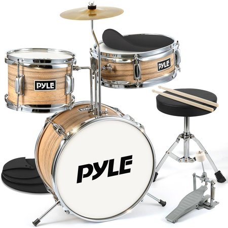PYLE 13'' 3-Piece Kids/Junior Drum Set - Metallic Striped Yellow Matt Drum Set with Throne, Cymbal, Pedal PDRMKIT72N